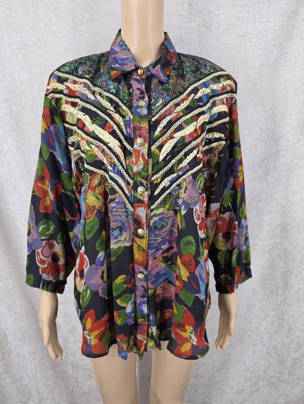 Vintage Floral Sequin-Trim Button Front Shirt Metallic Floral Lace Maximalist